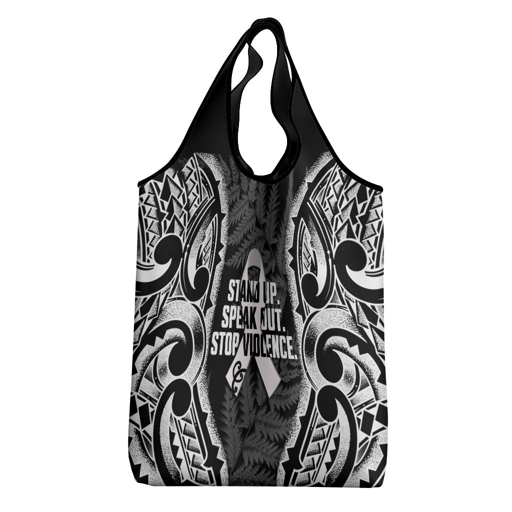 White Ribbon Day New Zealand Grocery Bag Respect Women Maori Pattern Black