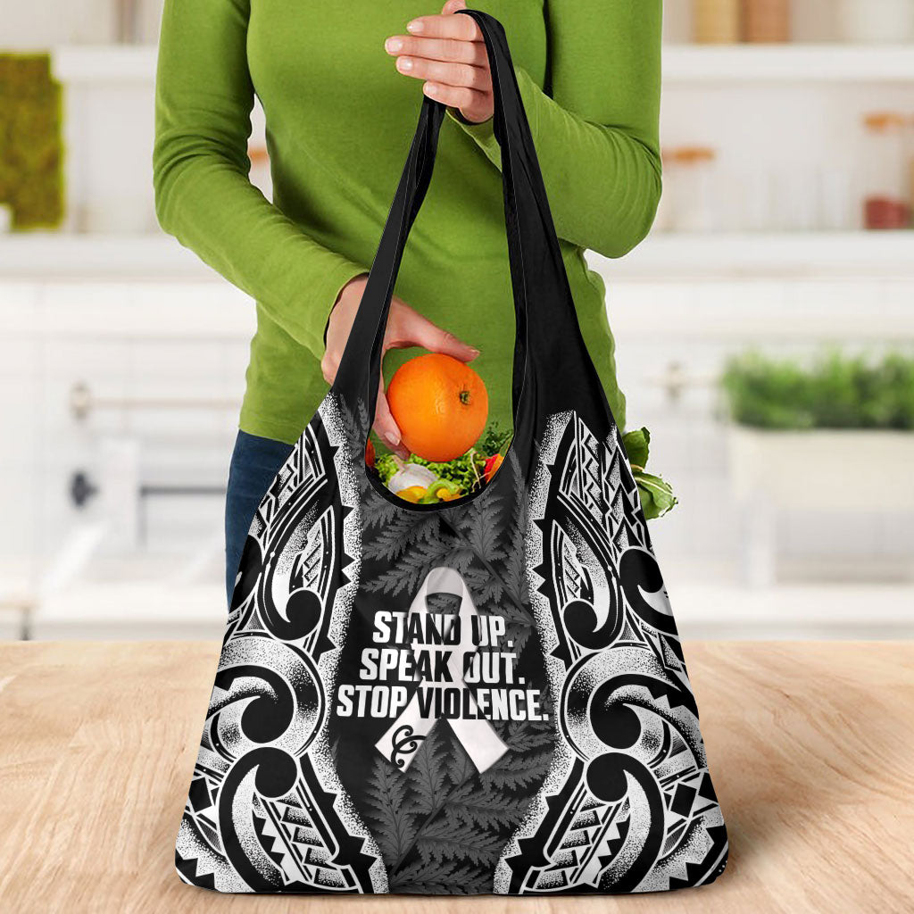 White Ribbon Day New Zealand Grocery Bag Respect Women Maori Pattern Black