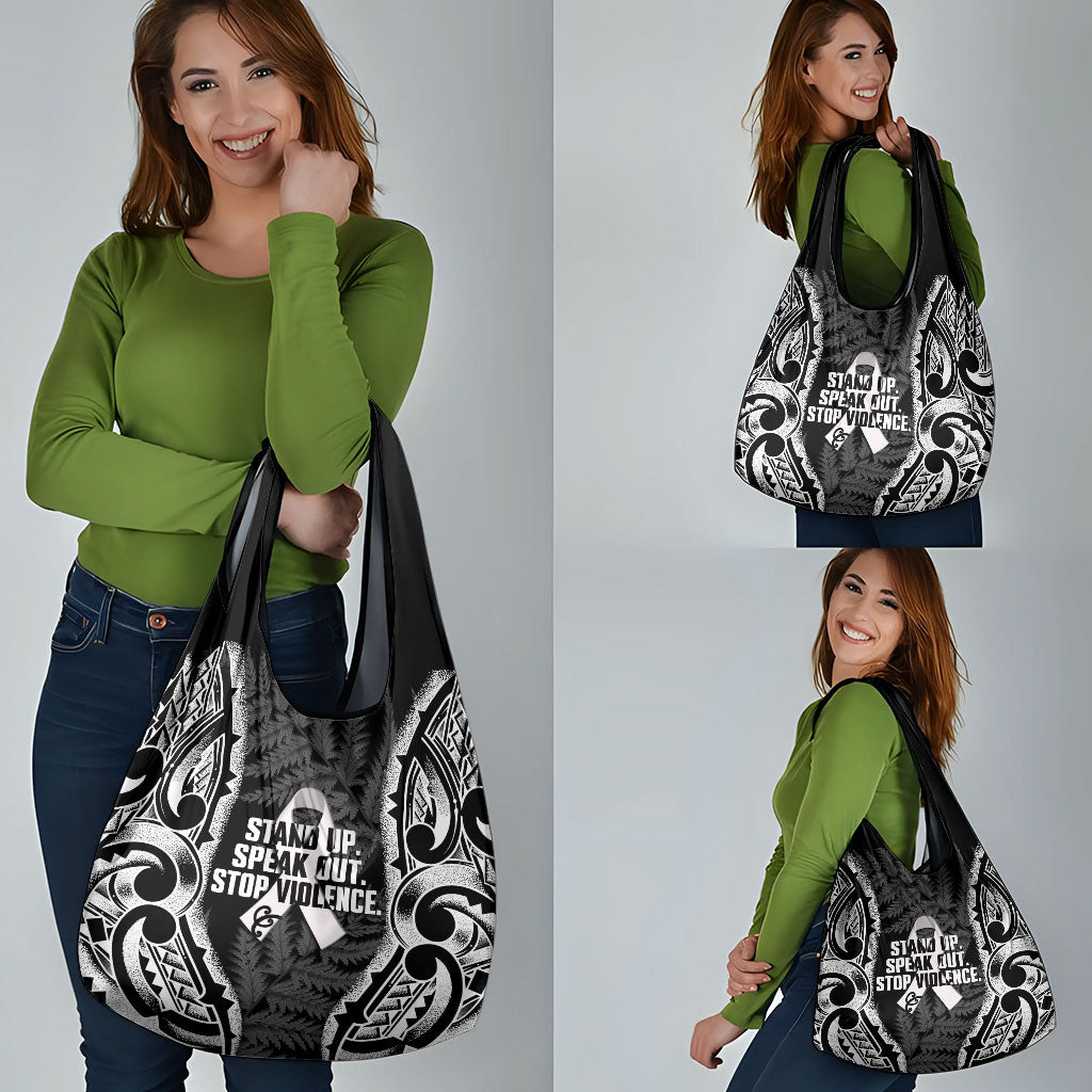 White Ribbon Day New Zealand Grocery Bag Respect Women Maori Pattern Black