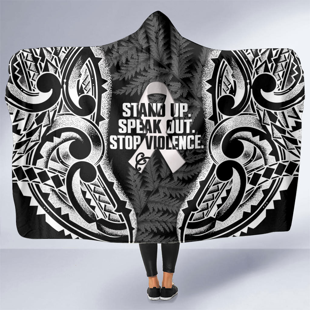 White Ribbon Day New Zealand Hooded Blanket Respect Women Maori Pattern Black