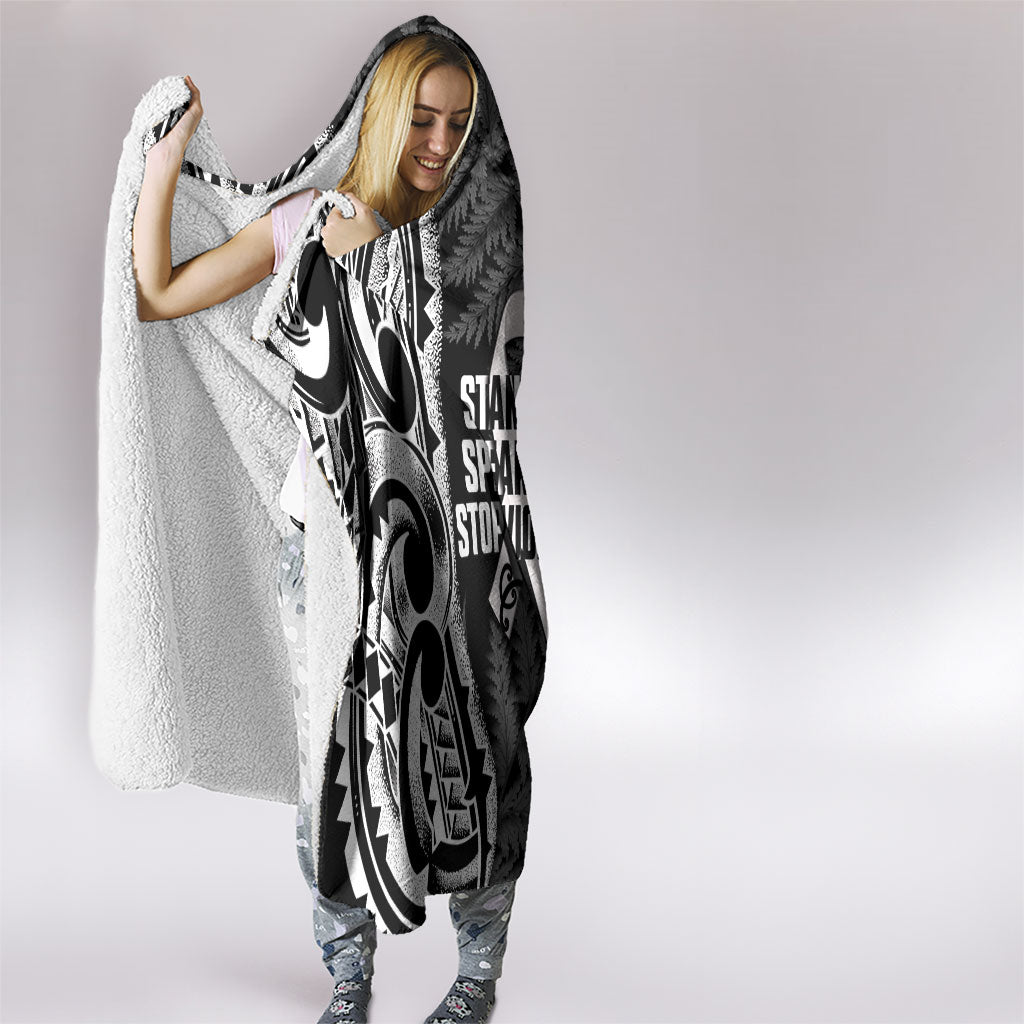 White Ribbon Day New Zealand Hooded Blanket Respect Women Maori Pattern Black