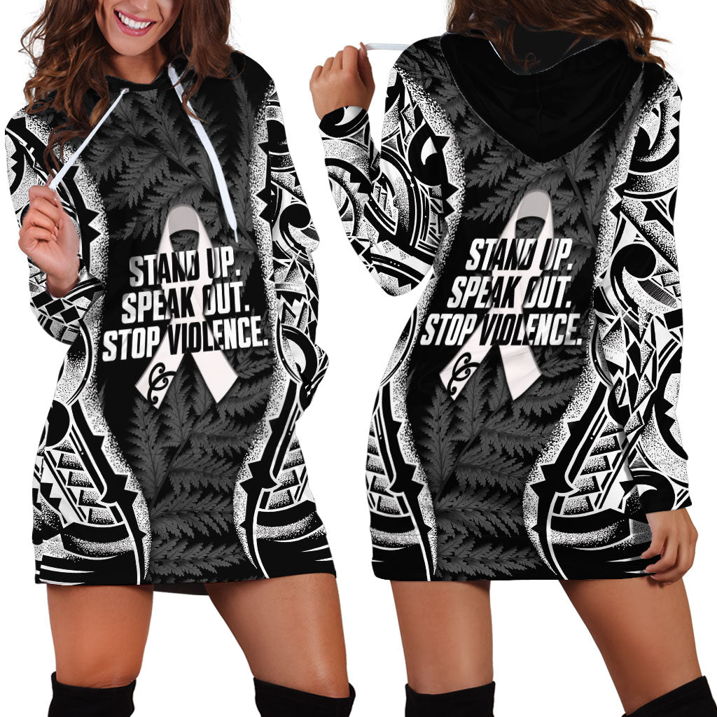 White Ribbon Day New Zealand Hoodie Dress Respect Women Maori Pattern Black