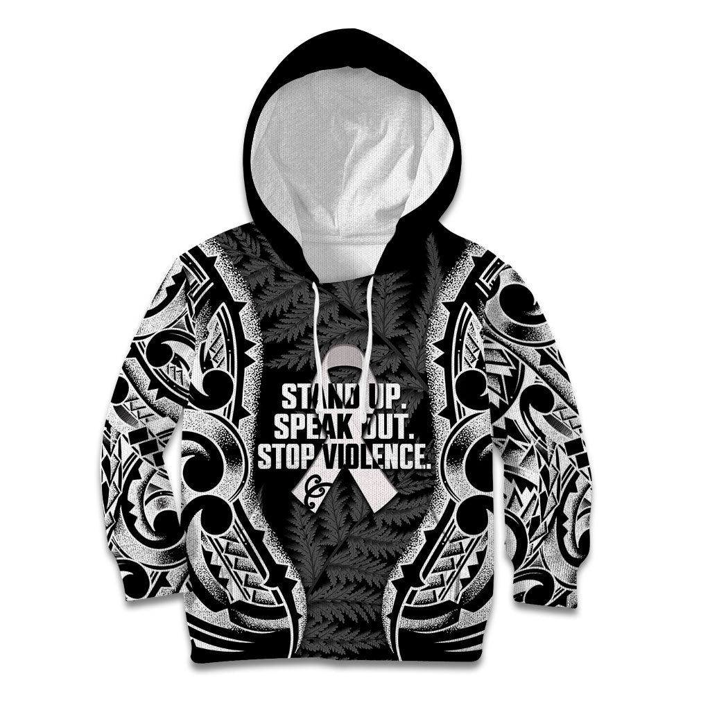 White Ribbon Day New Zealand Kid Hoodie Respect Women Maori Pattern Black