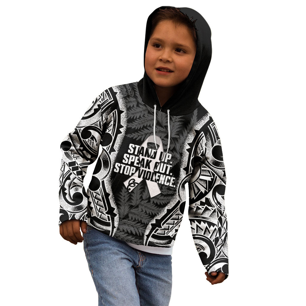 White Ribbon Day New Zealand Kid Hoodie Respect Women Maori Pattern Black