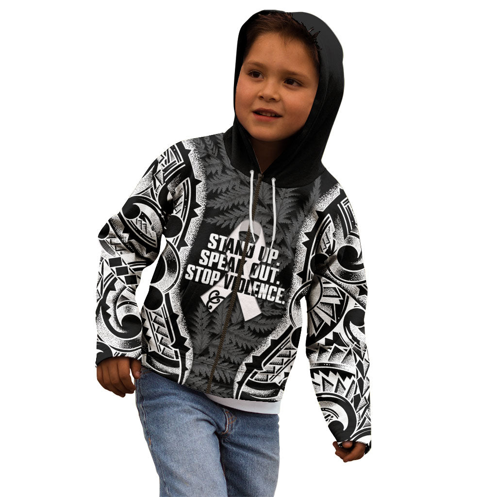 White Ribbon Day New Zealand Kid Hoodie Respect Women Maori Pattern Black