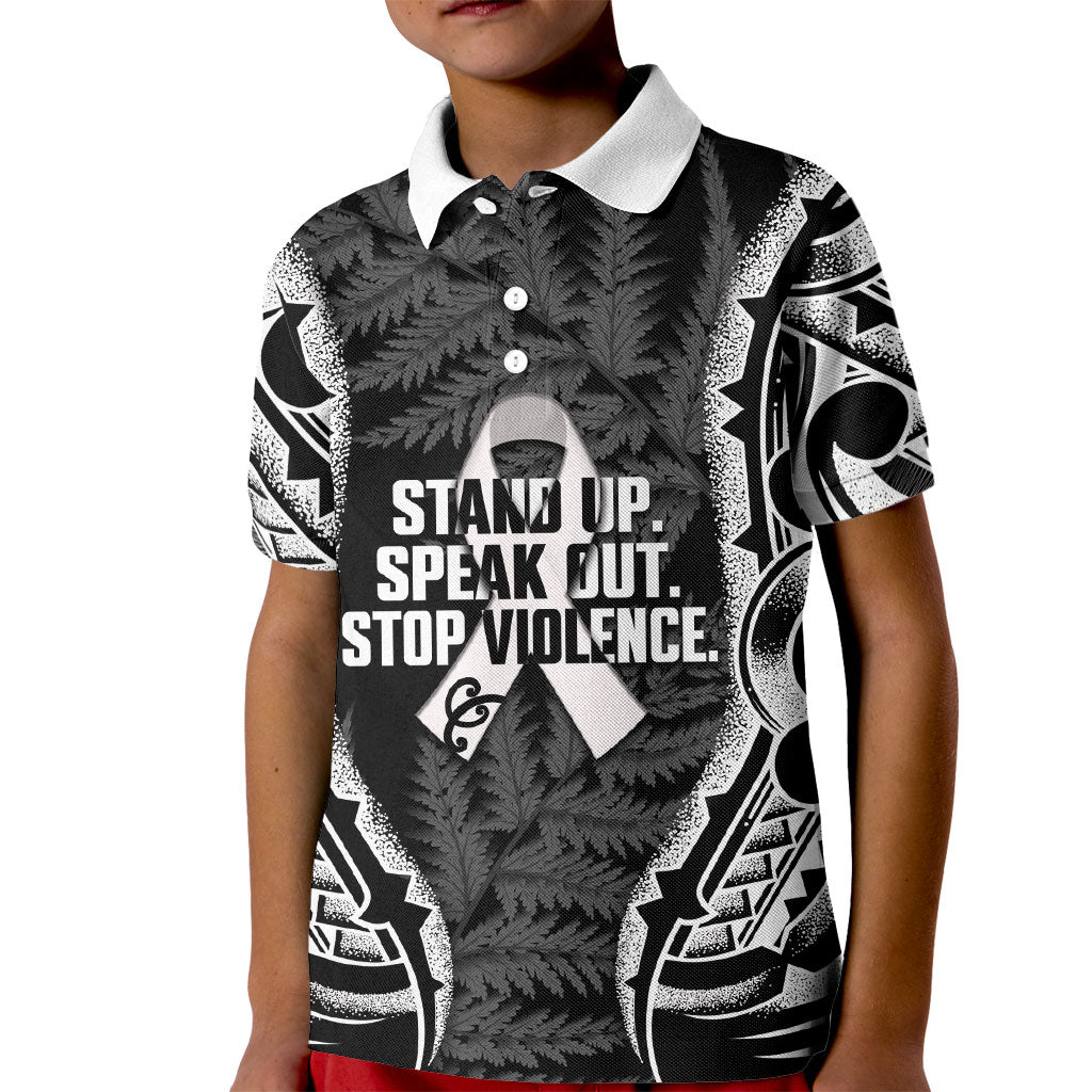 White Ribbon Day New Zealand Kid Polo Shirt Respect Women Maori Pattern Black