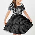 White Ribbon Day New Zealand Kid Short Sleeve Dress Respect Women Maori Pattern Black