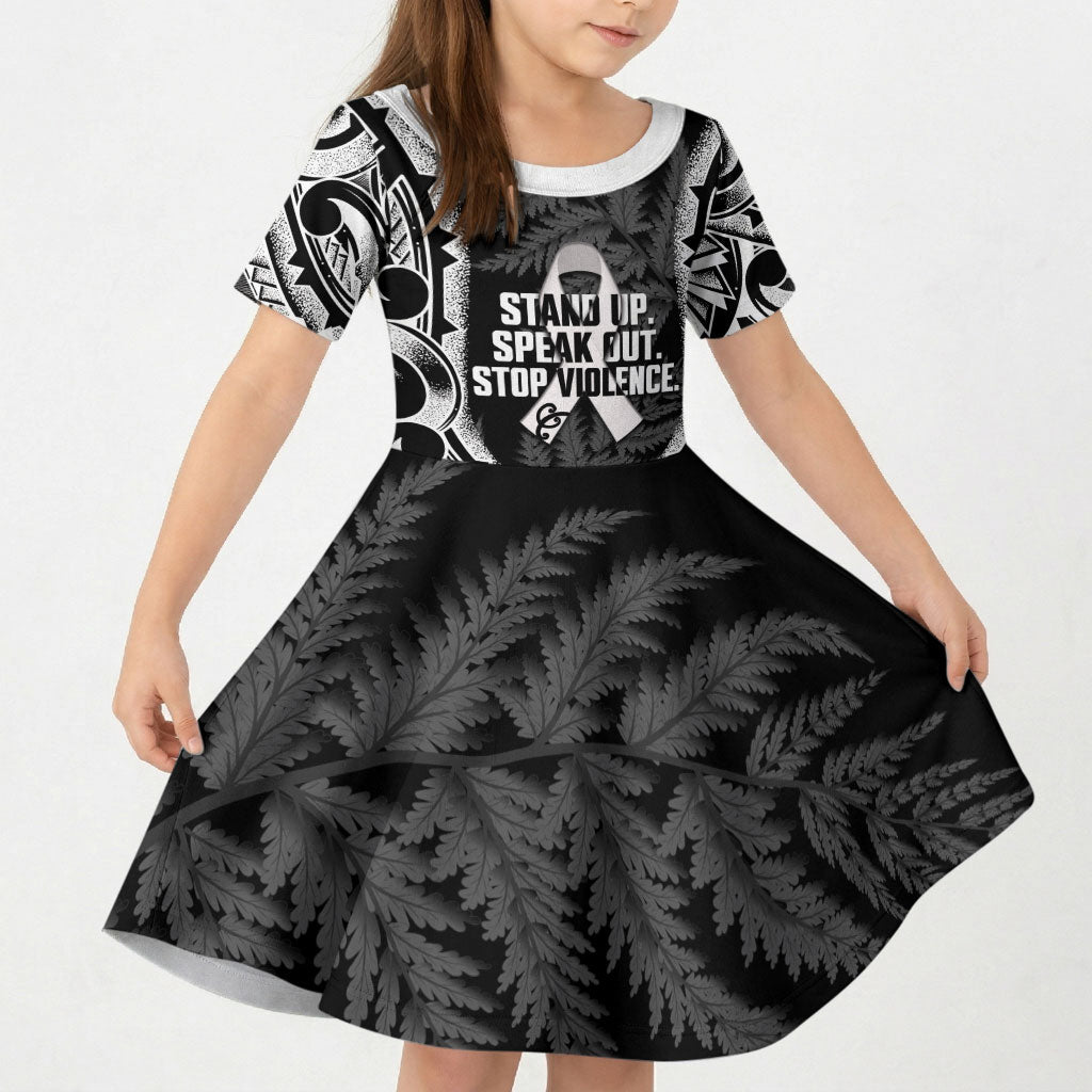 White Ribbon Day New Zealand Kid Short Sleeve Dress Respect Women Maori Pattern Black