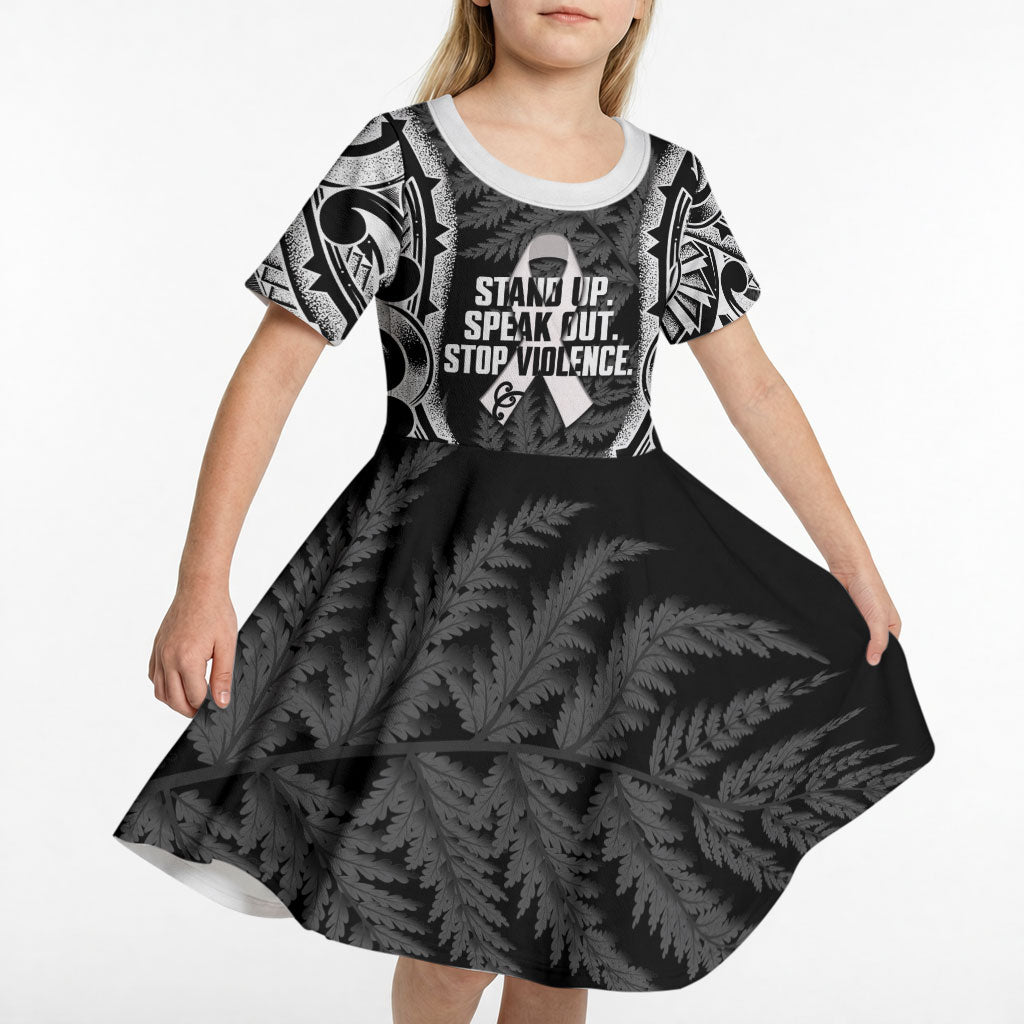 White Ribbon Day New Zealand Kid Short Sleeve Dress Respect Women Maori Pattern Black