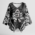 White Ribbon Day New Zealand Kimono Sleeve Blouse Respect Women Maori Pattern Black