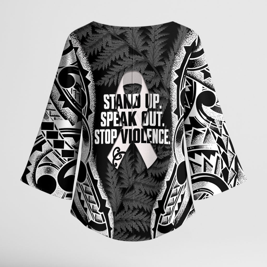 White Ribbon Day New Zealand Kimono Sleeve Blouse Respect Women Maori Pattern Black