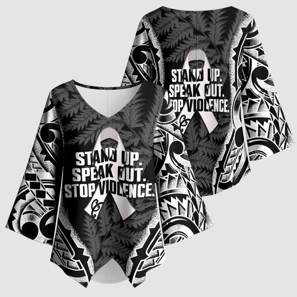 White Ribbon Day New Zealand Kimono Sleeve Blouse Respect Women Maori Pattern Black