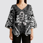 White Ribbon Day New Zealand Kimono Sleeve Blouse Respect Women Maori Pattern Black