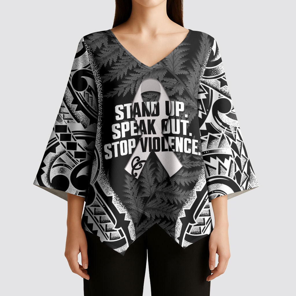 White Ribbon Day New Zealand Kimono Sleeve Blouse Respect Women Maori Pattern Black