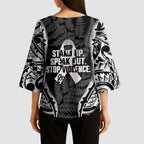 White Ribbon Day New Zealand Kimono Sleeve Blouse Respect Women Maori Pattern Black