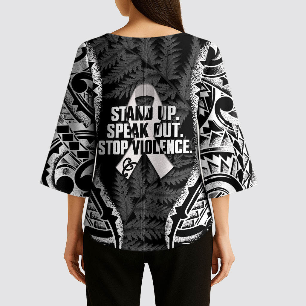 White Ribbon Day New Zealand Kimono Sleeve Blouse Respect Women Maori Pattern Black