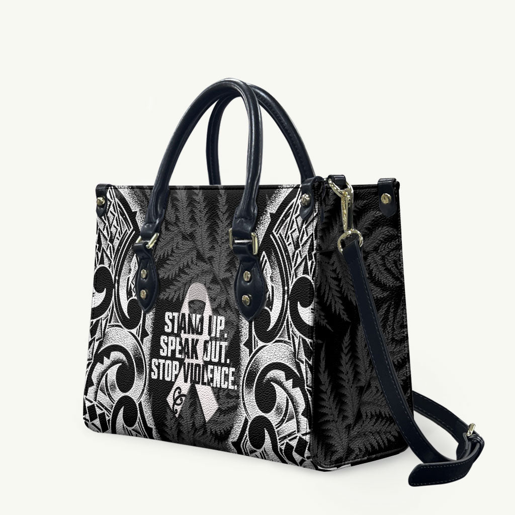 White Ribbon Day New Zealand Leather Bag Respect Women Maori Pattern Black