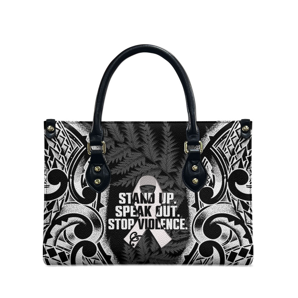 White Ribbon Day New Zealand Leather Bag Respect Women Maori Pattern Black