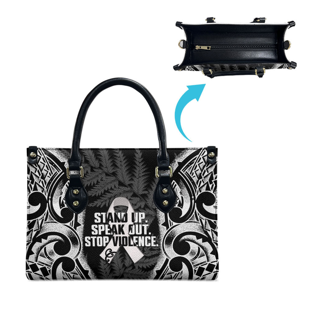 White Ribbon Day New Zealand Leather Bag Respect Women Maori Pattern Black