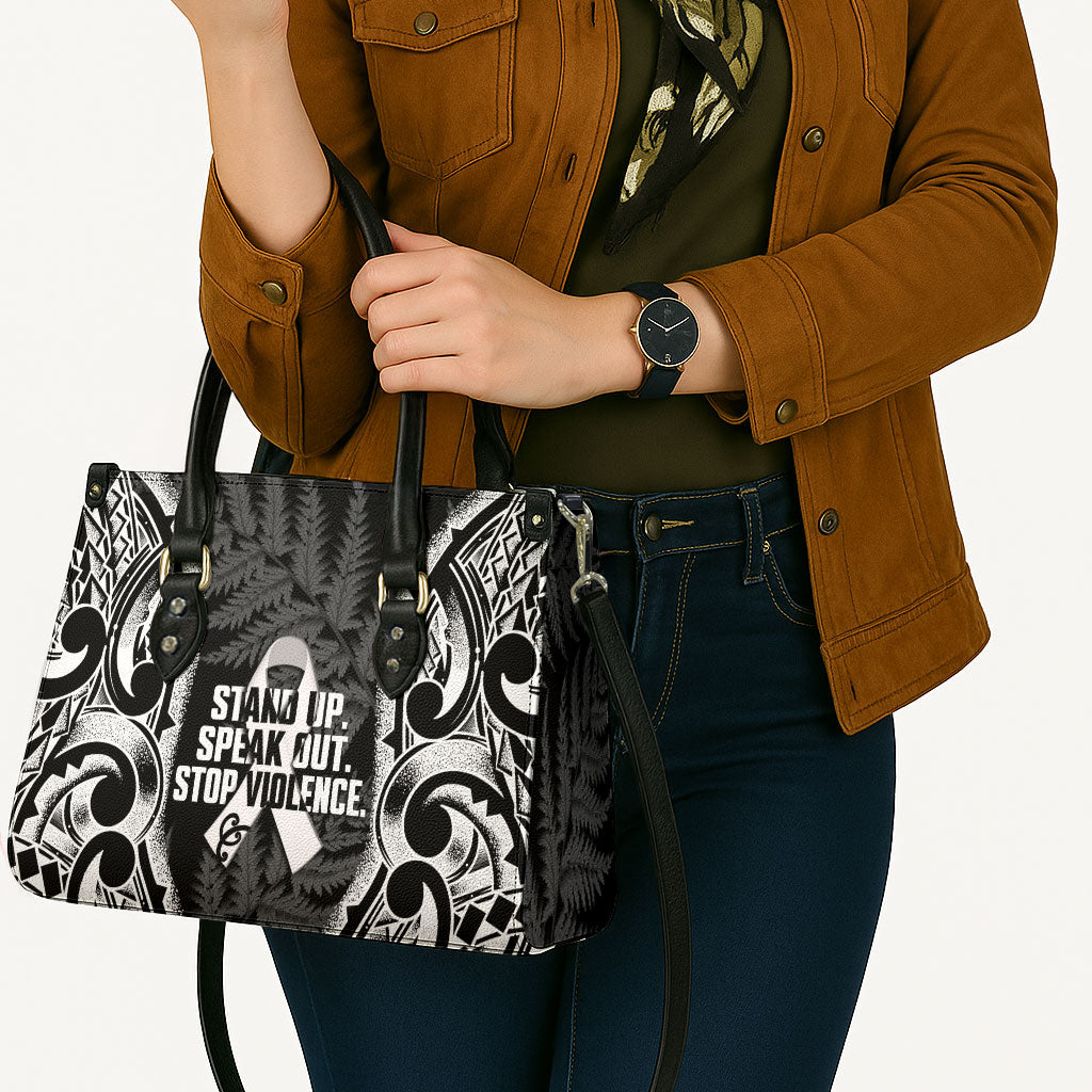 White Ribbon Day New Zealand Leather Bag Respect Women Maori Pattern Black