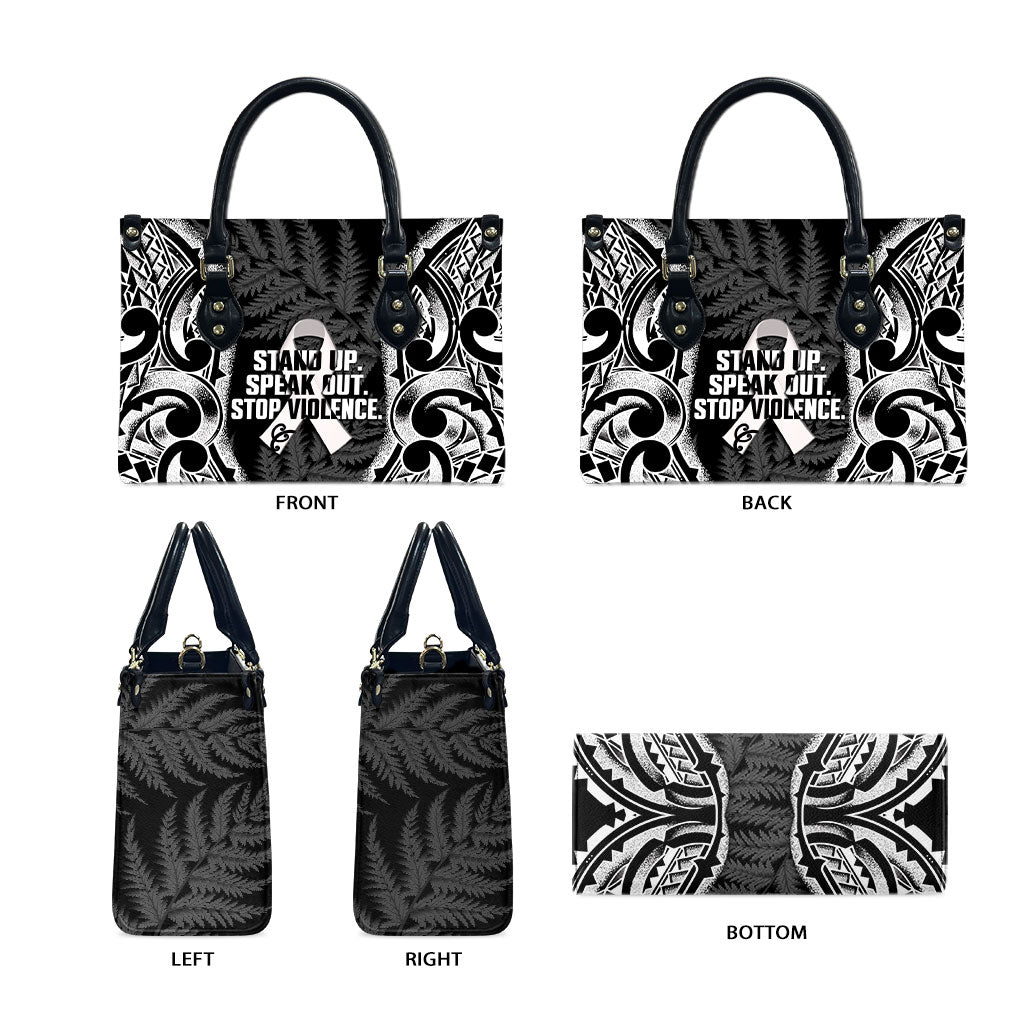 White Ribbon Day New Zealand Leather Bag Respect Women Maori Pattern Black