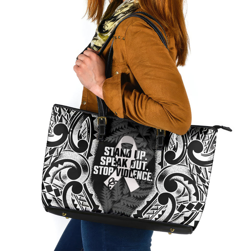 White Ribbon Day New Zealand Leather Tote Bag Respect Women Maori Pattern Black
