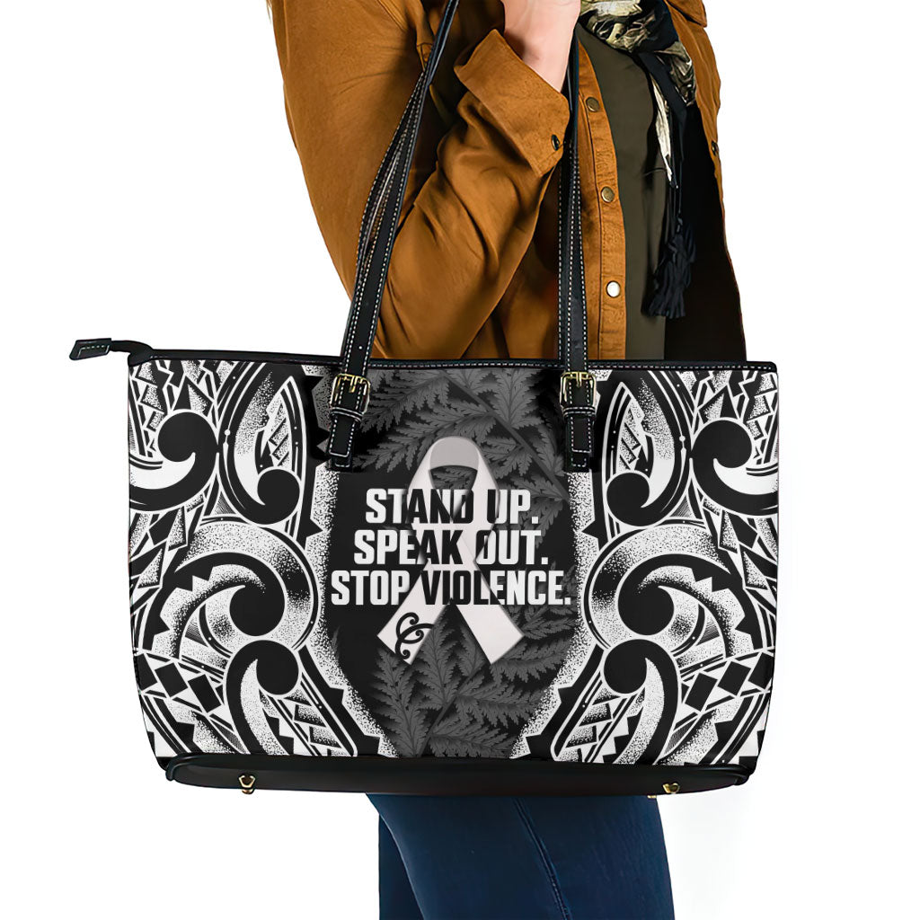 White Ribbon Day New Zealand Leather Tote Bag Respect Women Maori Pattern Black