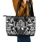 White Ribbon Day New Zealand Leather Tote Bag Respect Women Maori Pattern Black