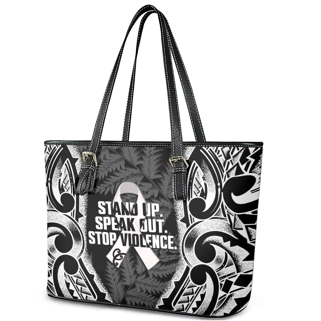 White Ribbon Day New Zealand Leather Tote Bag Respect Women Maori Pattern Black