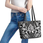 White Ribbon Day New Zealand Leather Tote Bag Respect Women Maori Pattern Black