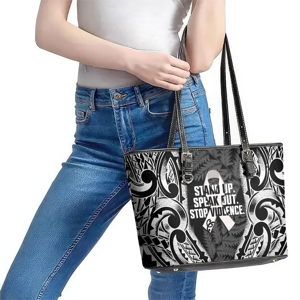 White Ribbon Day New Zealand Leather Tote Bag Respect Women Maori Pattern Black