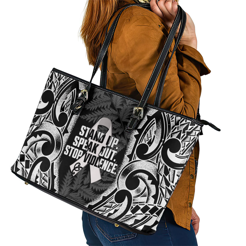 White Ribbon Day New Zealand Leather Tote Bag Respect Women Maori Pattern Black