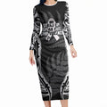 White Ribbon Day New Zealand Long Sleeve Bodycon Dress Respect Women Maori Pattern Black