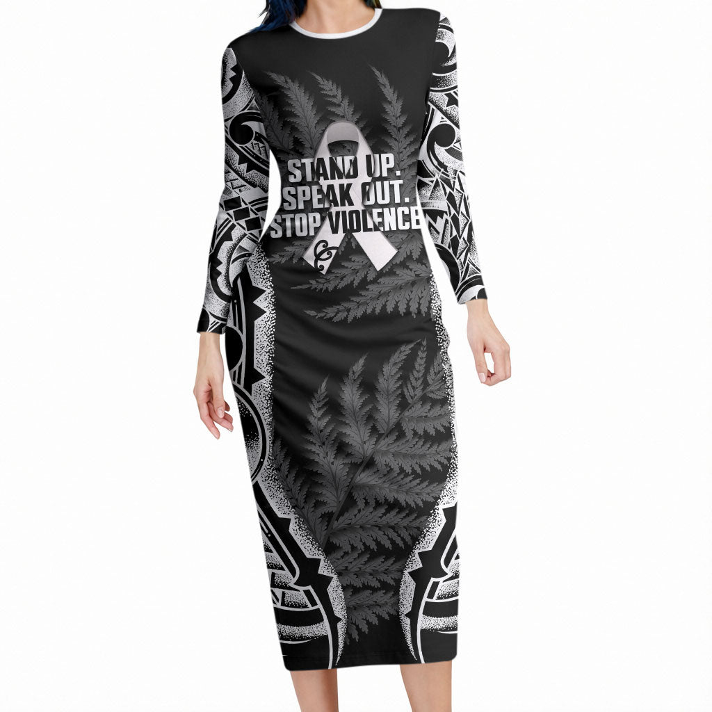 White Ribbon Day New Zealand Long Sleeve Bodycon Dress Respect Women Maori Pattern Black