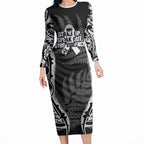 White Ribbon Day New Zealand Long Sleeve Bodycon Dress Respect Women Maori Pattern Black