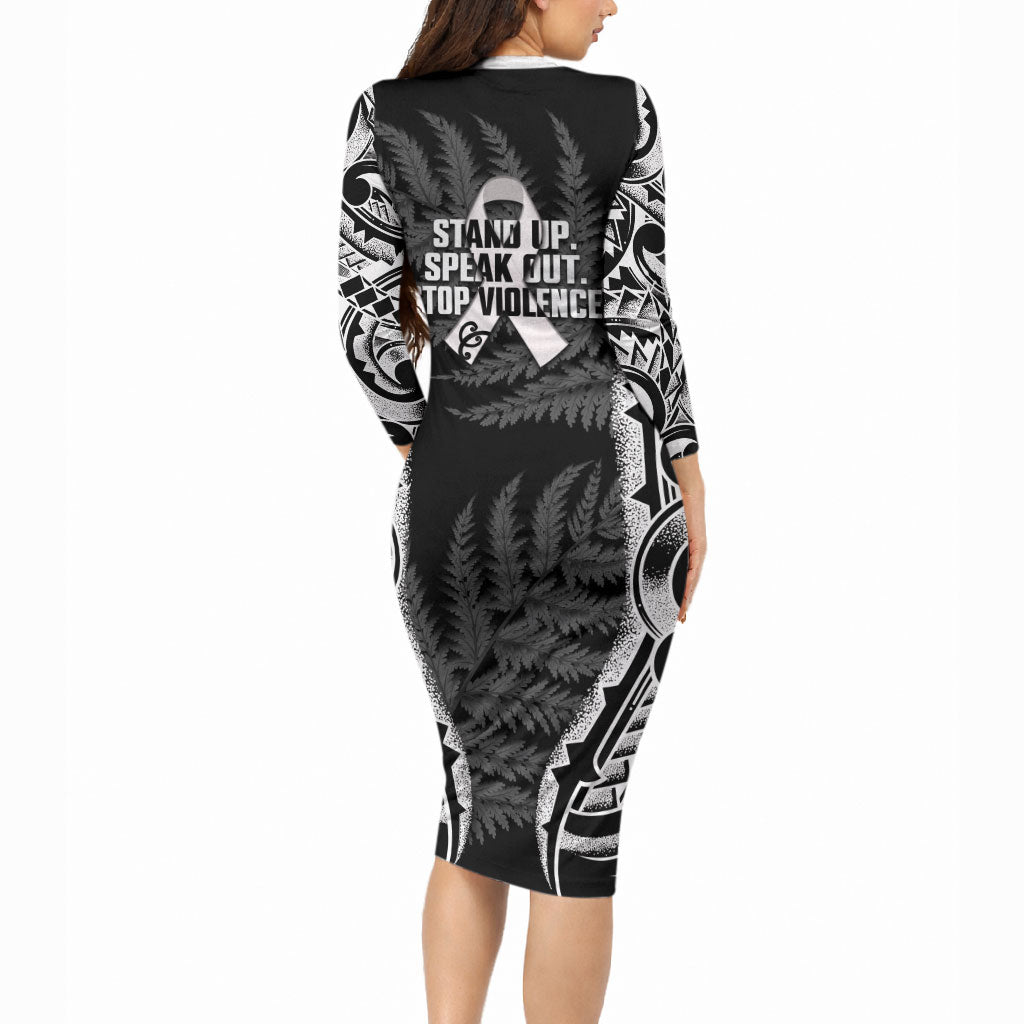 White Ribbon Day New Zealand Long Sleeve Bodycon Dress Respect Women Maori Pattern Black