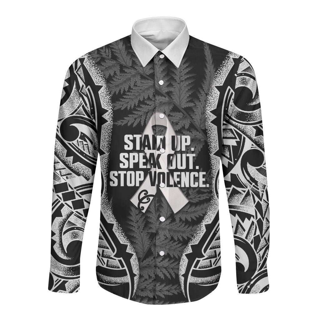 White Ribbon Day New Zealand Long Sleeve Button Shirt Respect Women Maori Pattern Black