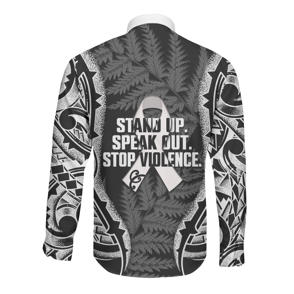 White Ribbon Day New Zealand Long Sleeve Button Shirt Respect Women Maori Pattern Black