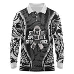 White Ribbon Day New Zealand Long Sleeve Polo Shirt Respect Women Maori Pattern Black