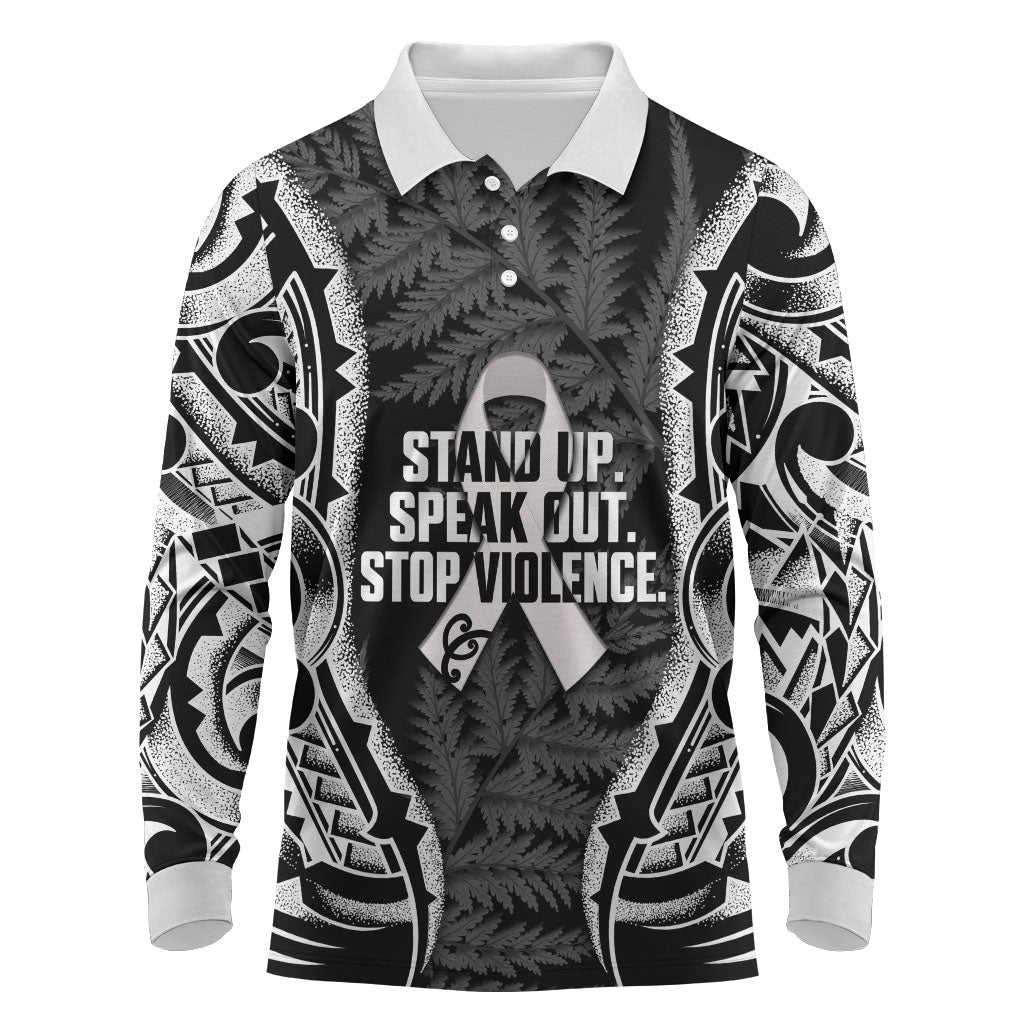 White Ribbon Day New Zealand Long Sleeve Polo Shirt Respect Women Maori Pattern Black
