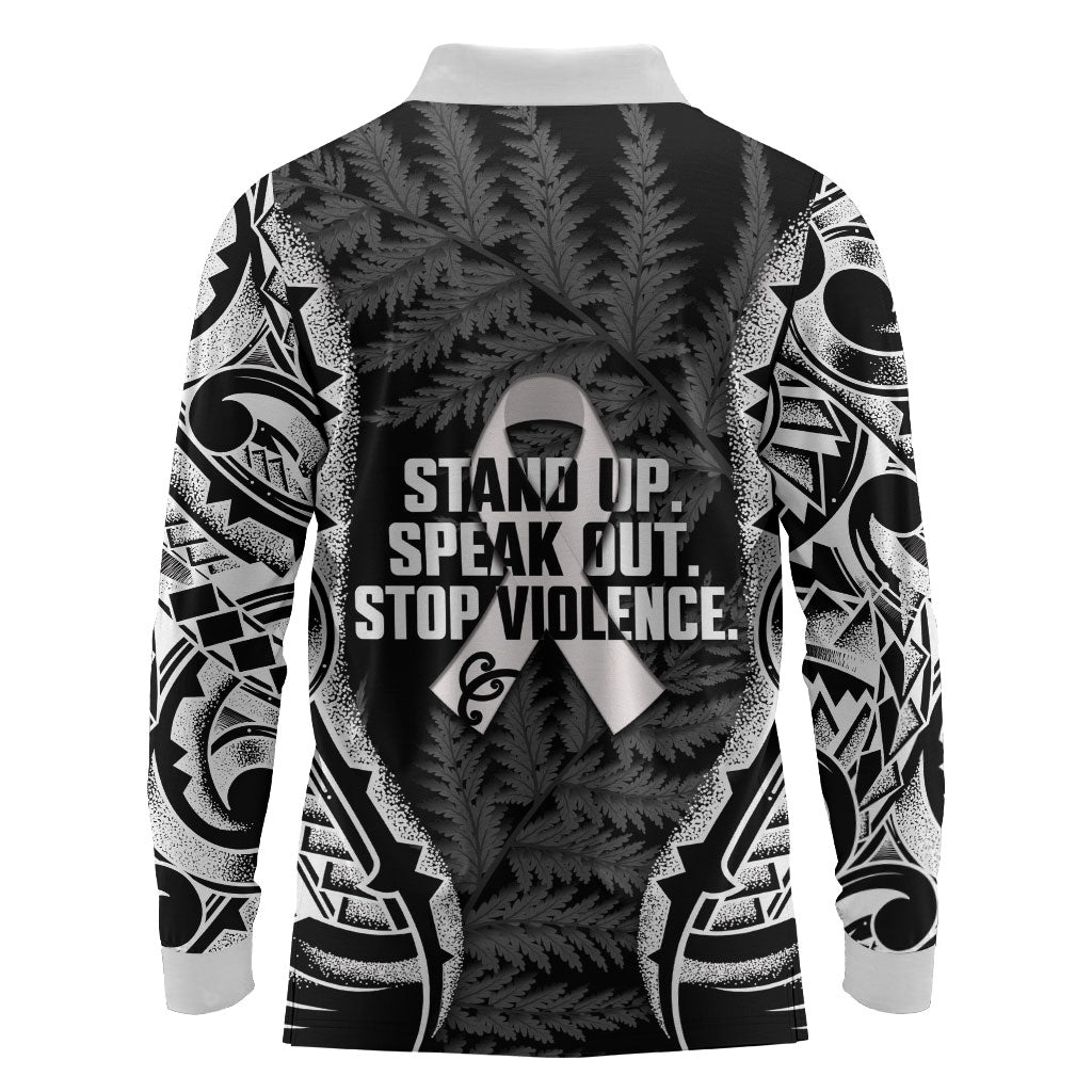 White Ribbon Day New Zealand Long Sleeve Polo Shirt Respect Women Maori Pattern Black