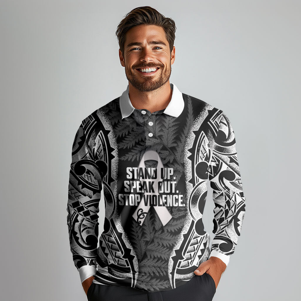 White Ribbon Day New Zealand Long Sleeve Polo Shirt Respect Women Maori Pattern Black