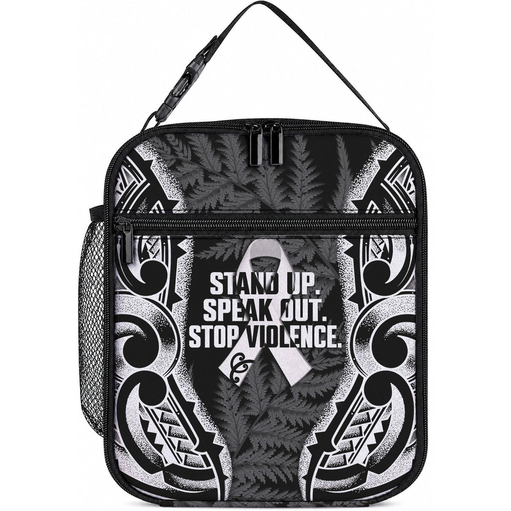 White Ribbon Day New Zealand Lunch Bag Respect Women Maori Pattern Black