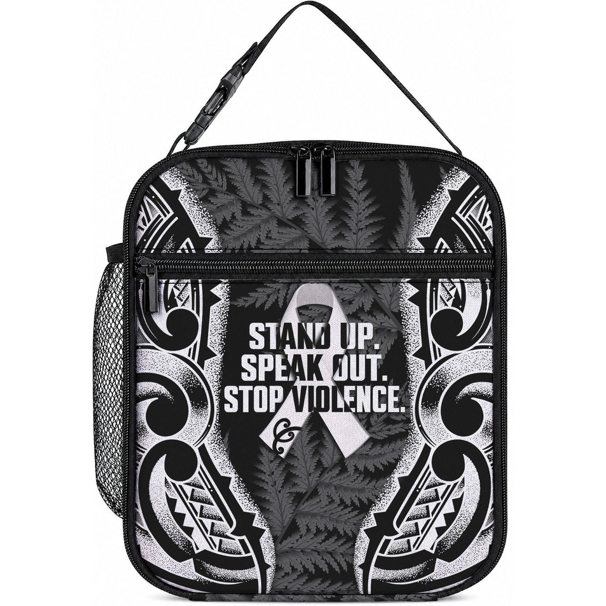 White Ribbon Day New Zealand Lunch Bag Respect Women Maori Pattern Black