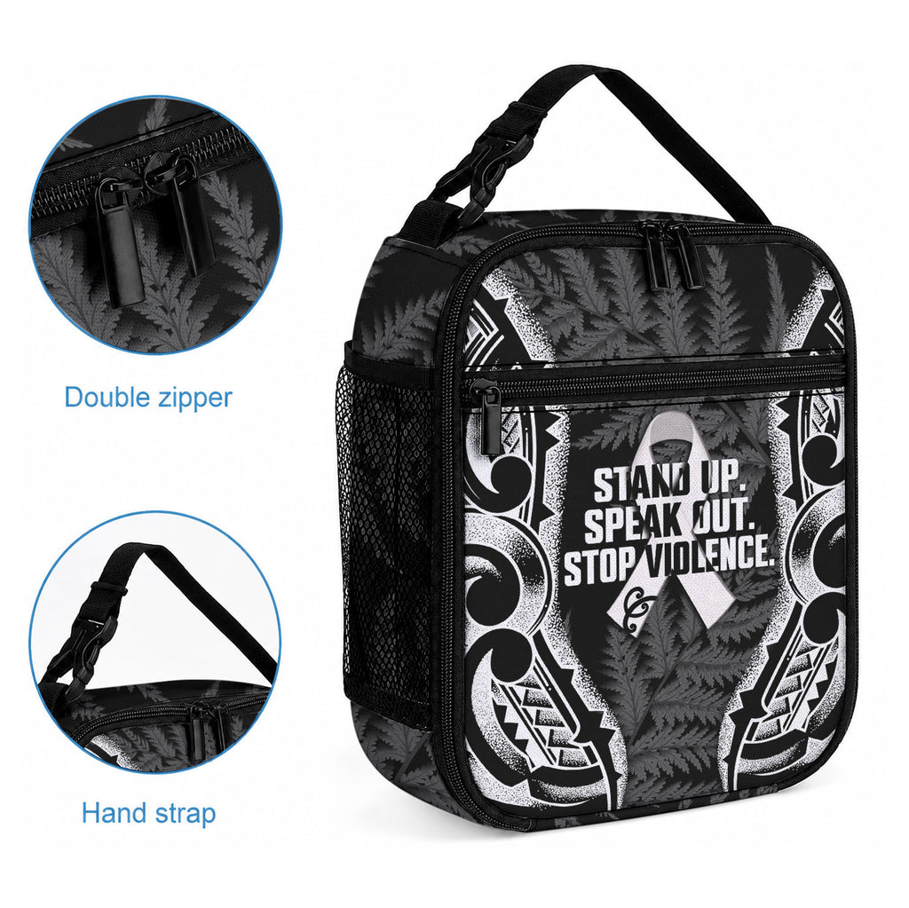 White Ribbon Day New Zealand Lunch Bag Respect Women Maori Pattern Black