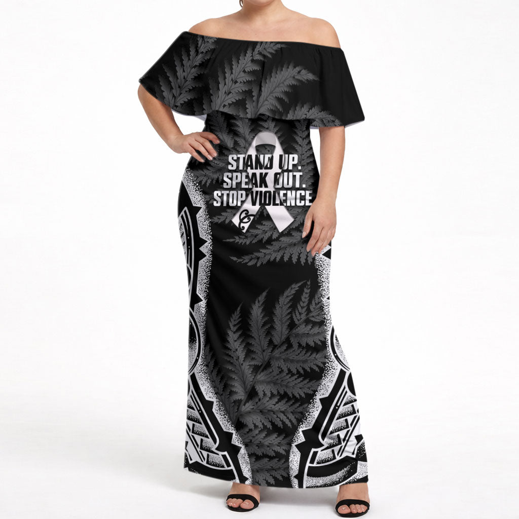 White Ribbon Day New Zealand Off Shoulder Maxi Dress Respect Women Maori Pattern Black