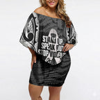 White Ribbon Day New Zealand Off Shoulder Short Dress Respect Women Maori Pattern Black