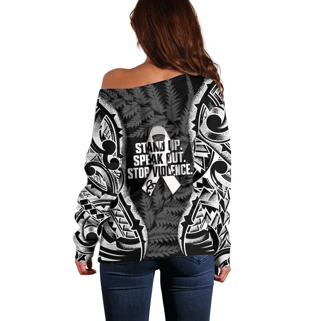 White Ribbon Day New Zealand Off Shoulder Sweater Respect Women Maori Pattern Black