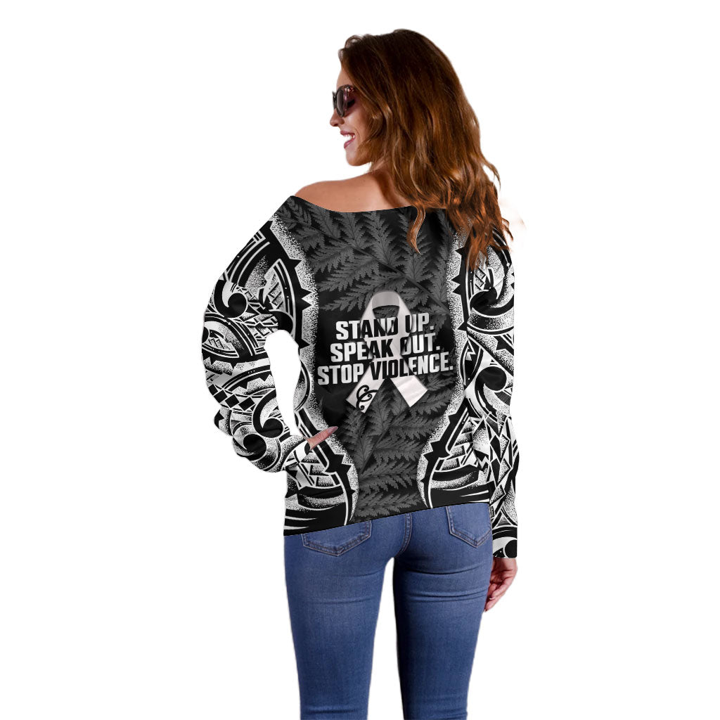 White Ribbon Day New Zealand Off Shoulder Sweater Respect Women Maori Pattern Black