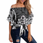 White Ribbon Day New Zealand Off Shoulder Wrap Waist Top Respect Women Maori Pattern Black